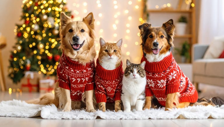 Vecteezy Four Pets Two Dogs And Two Cats Wearing Matching Red 69690623