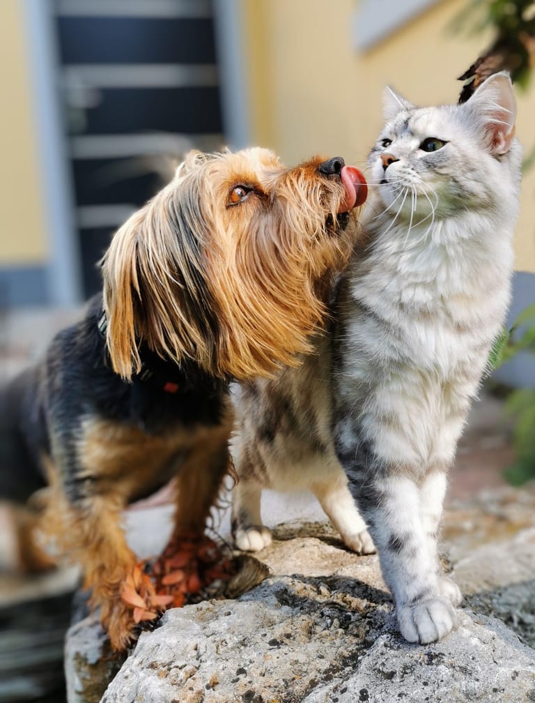 En liten långhårig hund och en gråvit katt står tillsammans på en sten utomhus